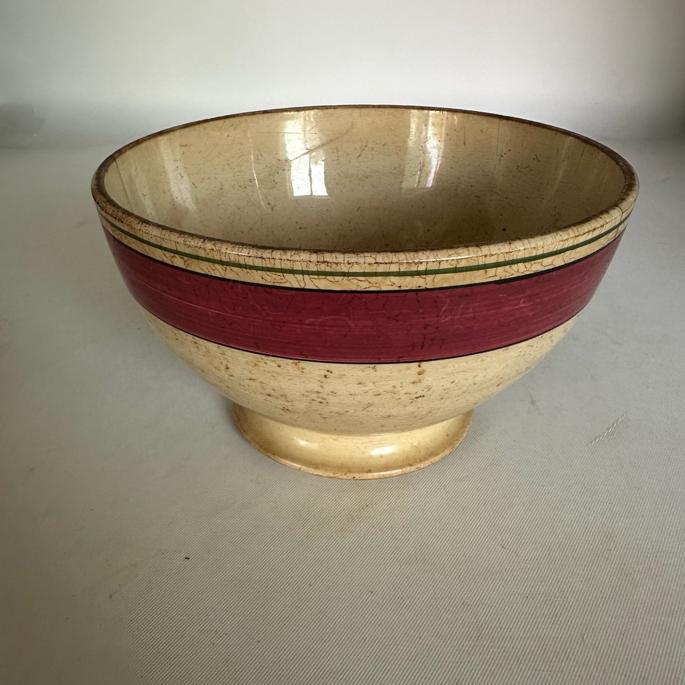 Rare 1920's Vintage Belgian Nimy Ceramic Bowl Hand Painted Red & Green Stripes